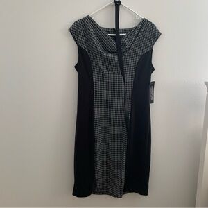 Black and gray houndstooth cowl neck dress